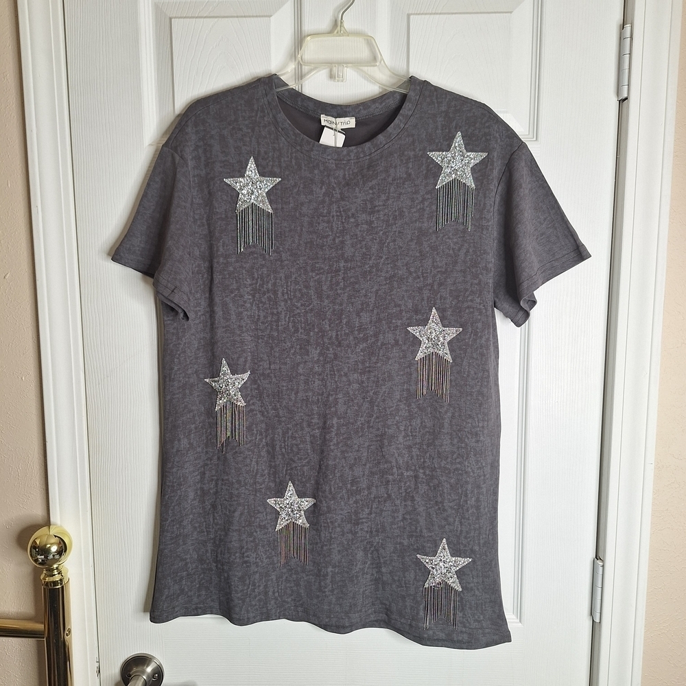 Main Strip Gray Star Embellished Oversized Blouse Size Small NWT